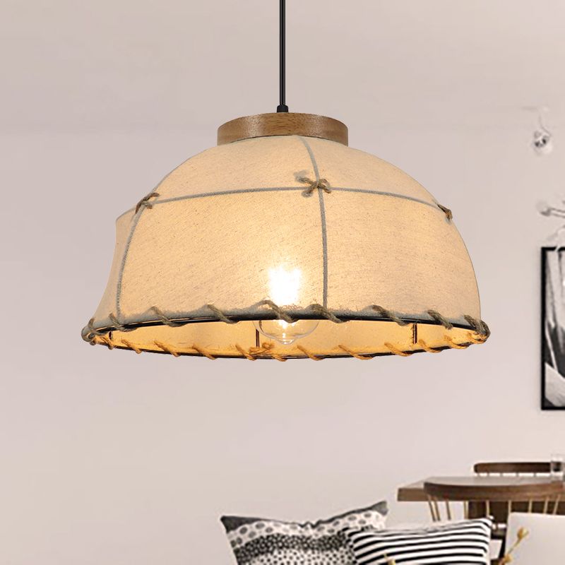 Dome Shade Ceiling Lamp Retro Stylish Fabric 1 Bulb Flaxen Hanging Pendant Light with Adjustable Cord, 14"/16" Dia