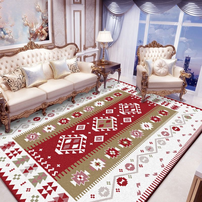 Tribal Southwestern Rug in Red and White Diamond Wave Pattern Rug Polyester Pet Friendly Carpet for Home Decoration
