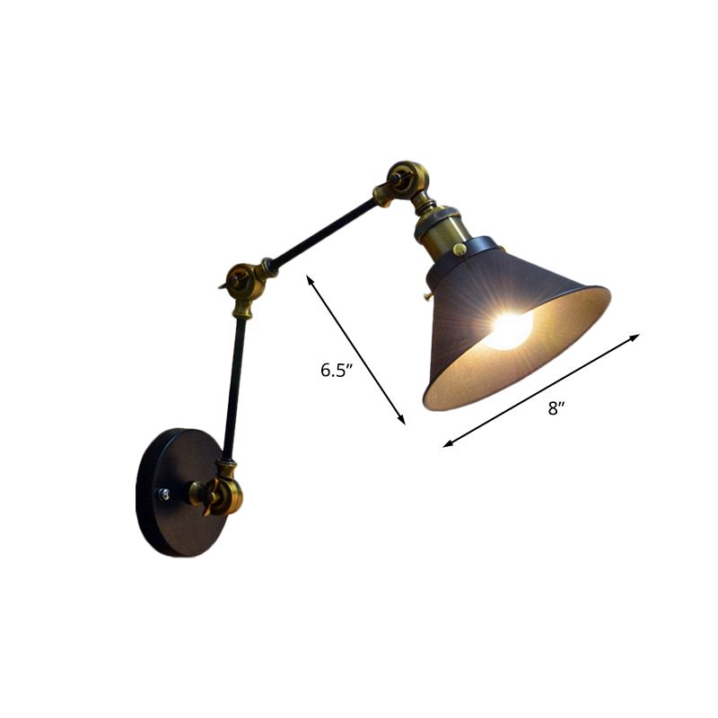 1 Light Wall Light Sconce Antiqued Bedside Swing Arm Wall Mount with Conical Metal Shade in Black
