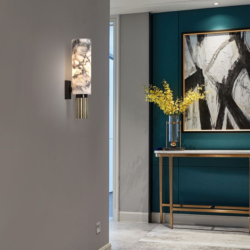 Modern Brass Wall Light Cylinder 13.5" High Wall Sconce with Mica for Living Room