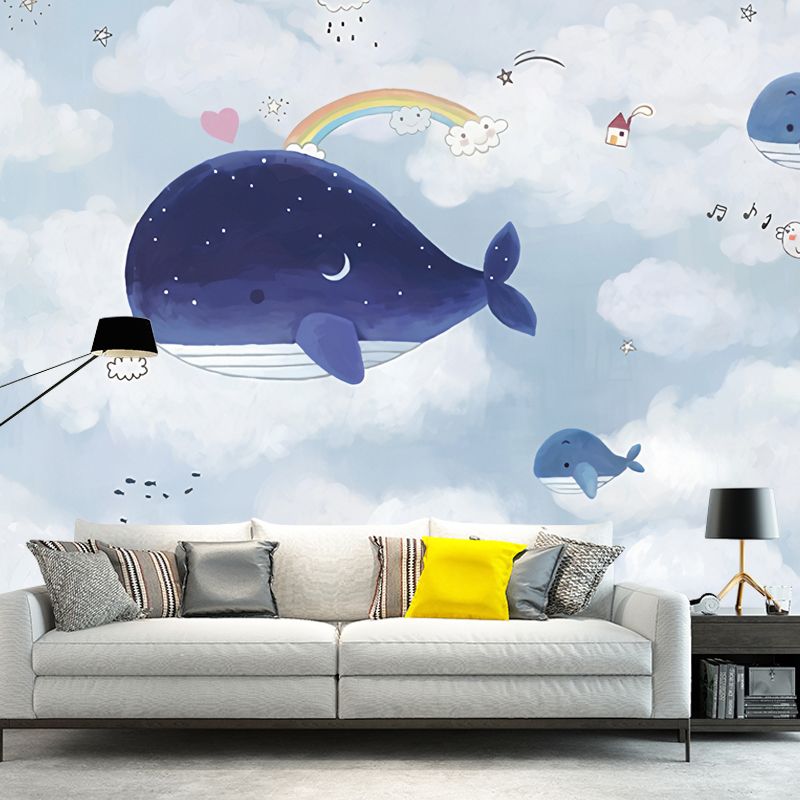 Blue and White Whale Mural Wallpaper Water-Resistant Wall Covering for Boy or Girl
