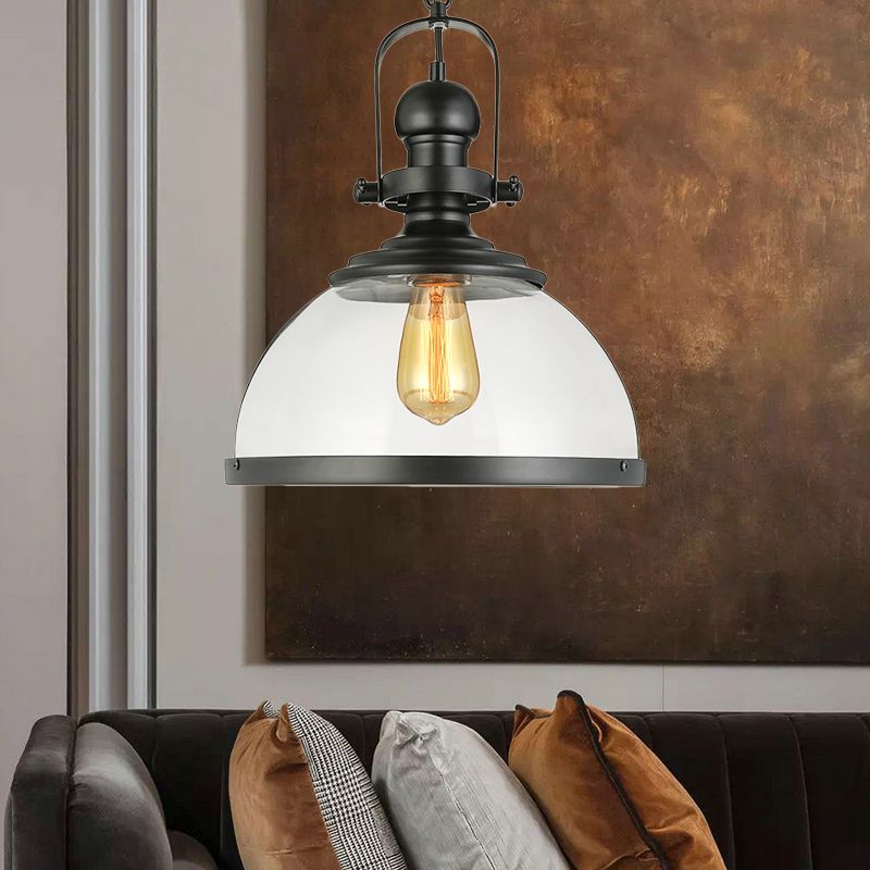 Black Single Light Pendant Lighting Industrial Clear Glass Lantern Hanging Lamp for Dining Room
