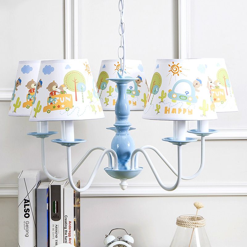 Undertint Tapered Shade Chandelier with Cartoon Pattern 5 Lights Metal Hanging Light for Kindergarten