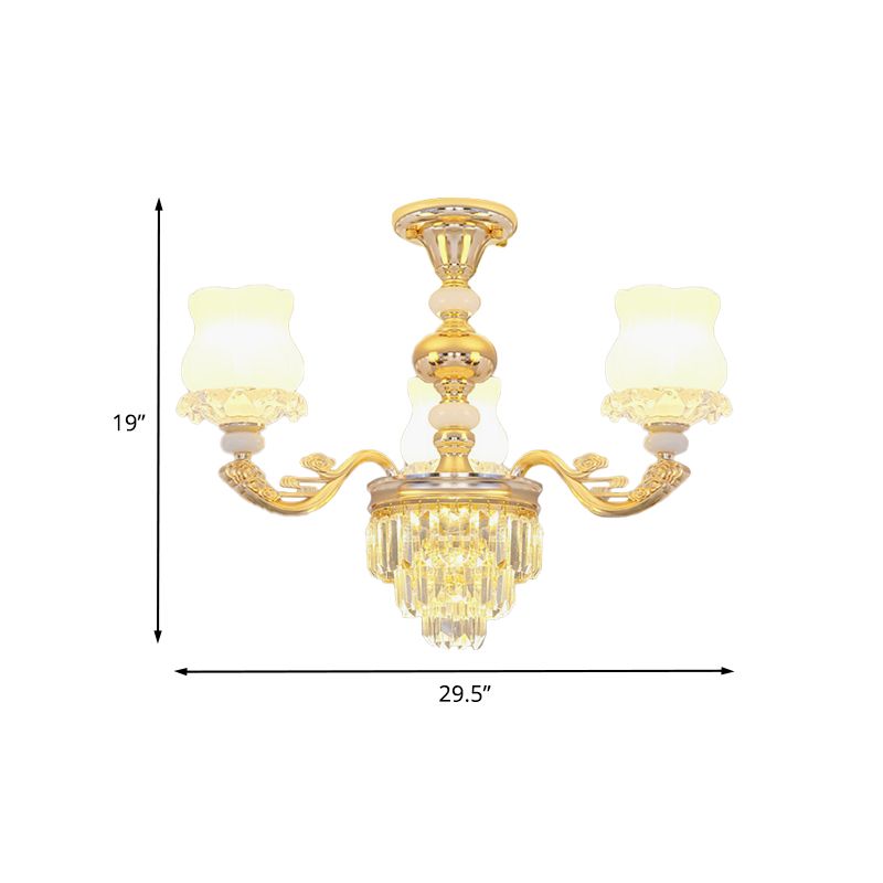 Cream Glass Flower Ceiling Flush Modern 3/6 Lights Bedroom Crystal Semi Flush Light in Gold