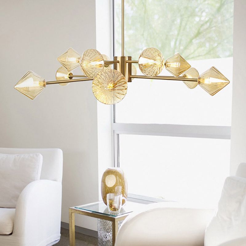 Diamond Chandelier Light Modern Amber Glass 12 Heads Bedroom Suspended Lighting Fixture