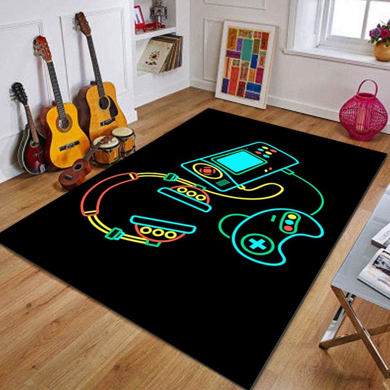 Black Tone Trendy Carpet Polyester Game Machine Print Indoor Rug Washable Carpet for Living Room