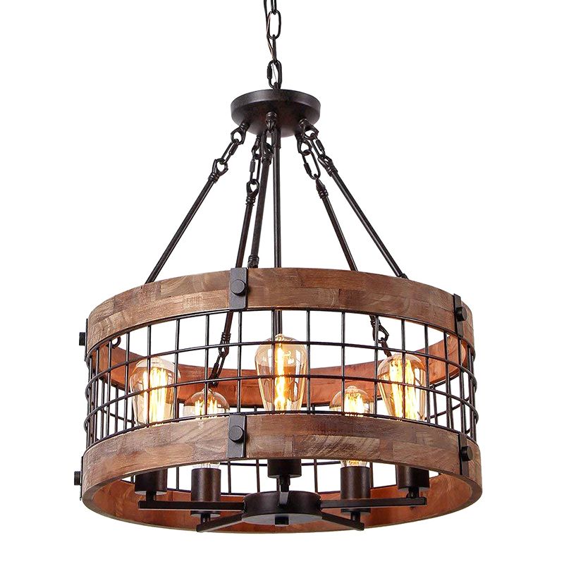 Brown Grid Cage Drum Chandelier Rustic Metal Dining Room Suspension Pendant Light
