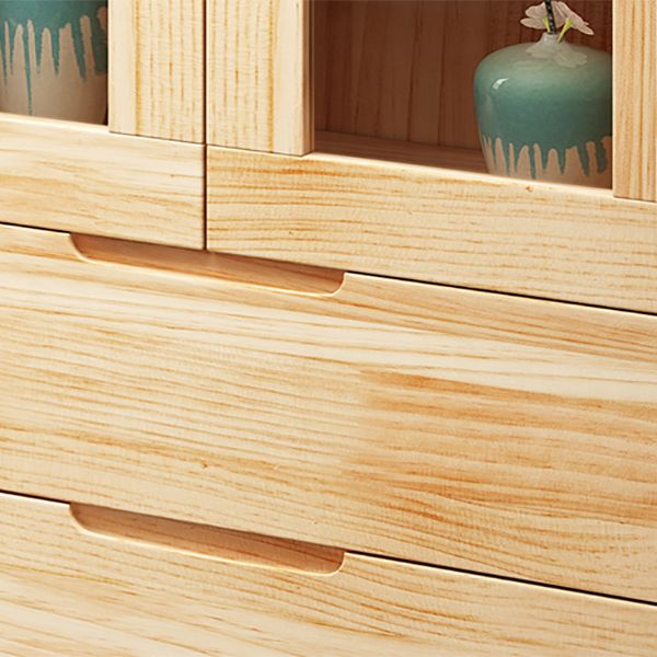 Pine Wood Glass Paned Accent Cabinet 47.6" Tall Natural Storage Chest