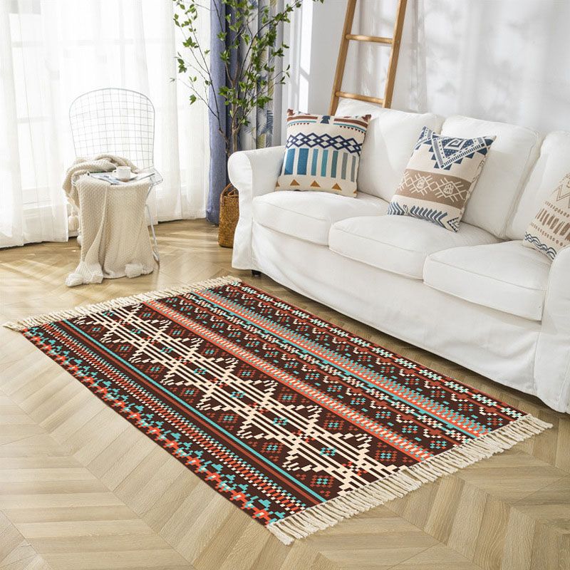 Beige Bohemian Rug Cotton Blended Graphic Rug Washable Rug for Bedroom