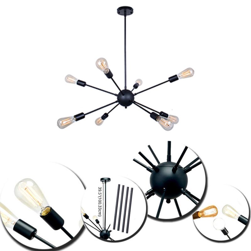 Cambadora de lámpara de lámpara en forma de ráfaga de plancha negra Bombilla de estilo industrial de estilo industrial con 4 x 9.8 "varillas colgantes