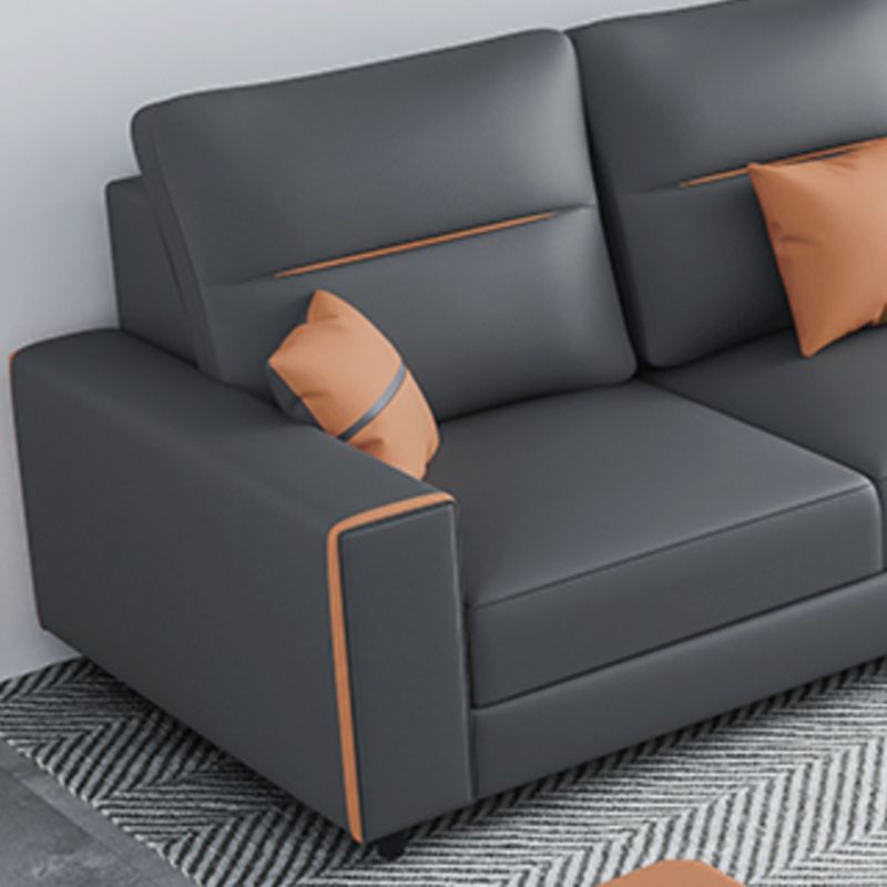 Faux Leather Sectional with 4 Pillows Back and Square Arms for Living Room