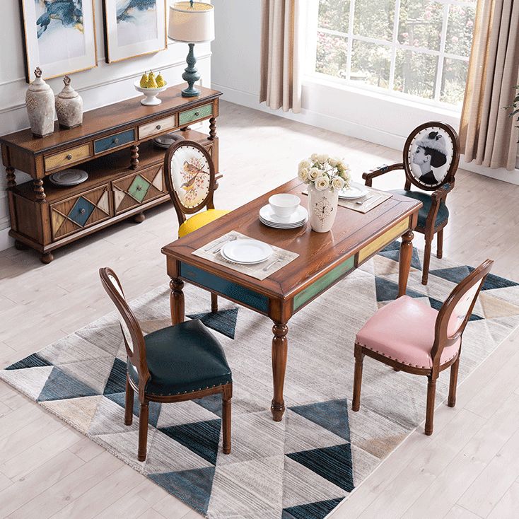 Mesa de comedor rectangular de mediados de siglo, mesa de comedor de madera maciza de caucho con 4 pies