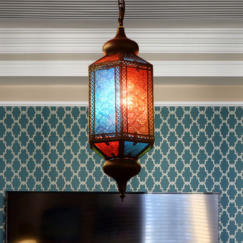 Art Deco Lantern Suspension Light 1 Bulb Metal Hanging Lamp in Copper for Restaurant