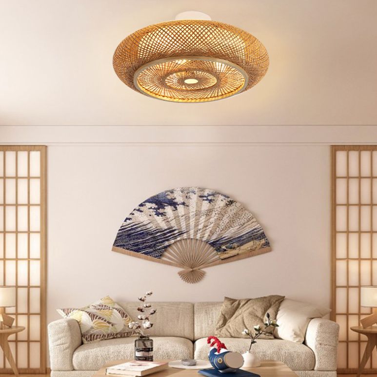 Plafonniers à montage encastré à tambour arrondi japonais plafonnier à montage encastré en bambou pour chambre à coucher