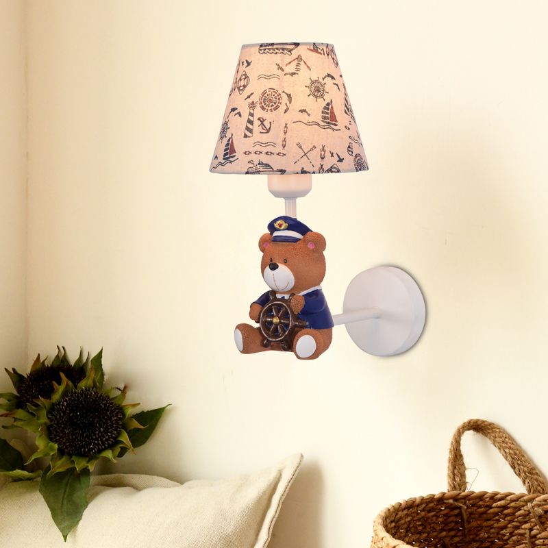 Kids Toy Bear Wall Light with Tapered Shade One Light Resin Wall Sconce in Beige for Child Bedroom