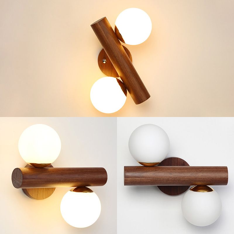 Éclairage mural nordique en bois 2 lumières Appliques murales intérieures dans l'ombre en verre givré