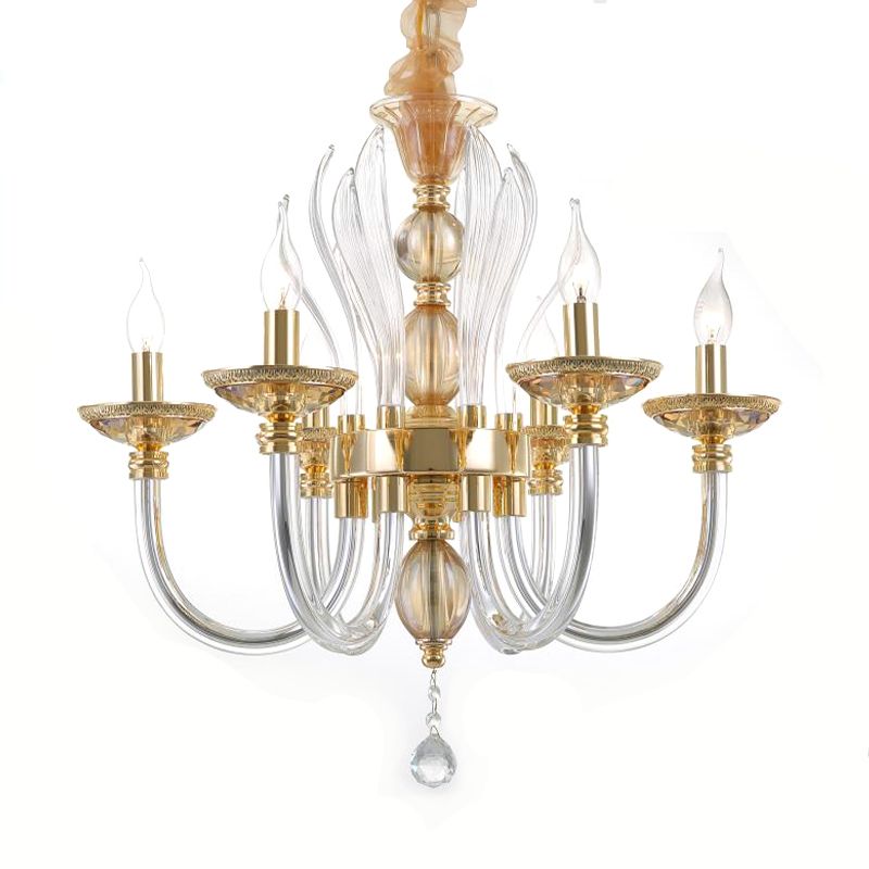 Golden Curved Chandelier Modern 6 Heads Clear Glass Ceiling Pendant Light with Crystal Drop