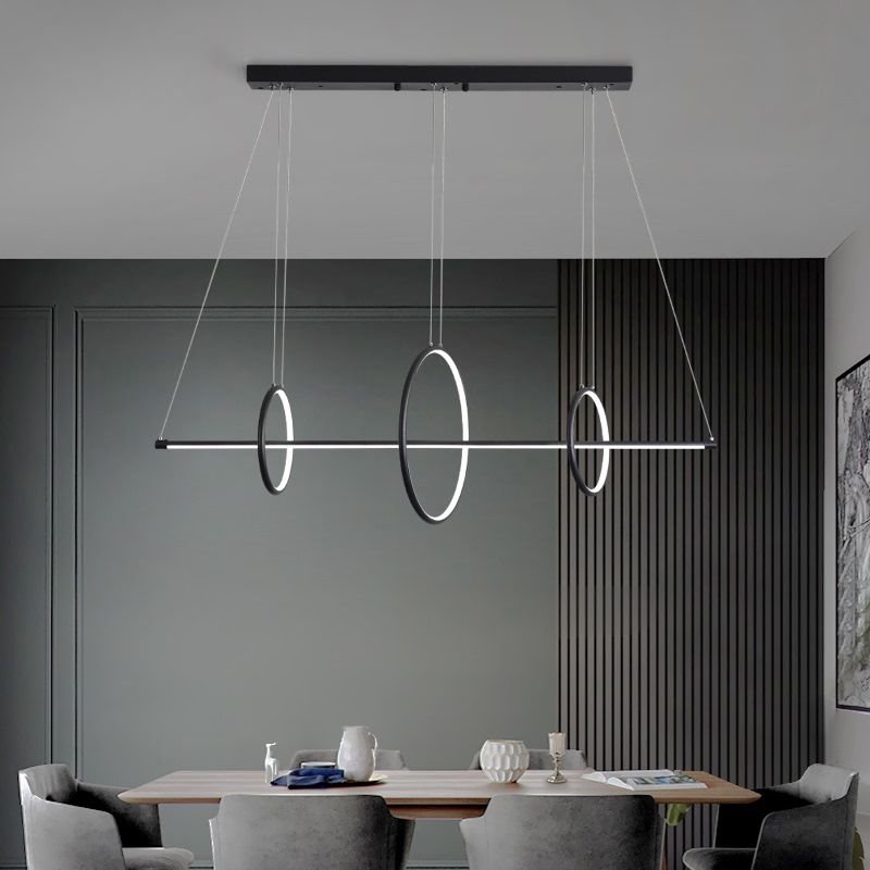 Modernist Line and Circle Hanging Light Metallic Restaurant LED Island Lighting in Black