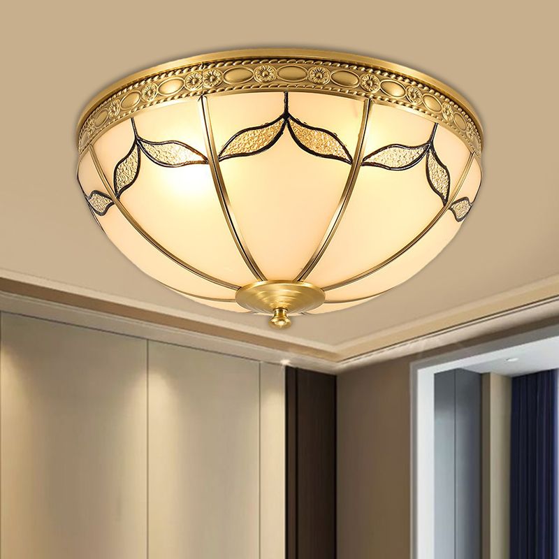 14"/18" W Countryside Domed Flush Lamp 3/4 Lights Milky Glass Ceiling Mounted Fixture with Leaf Pattern in Brass