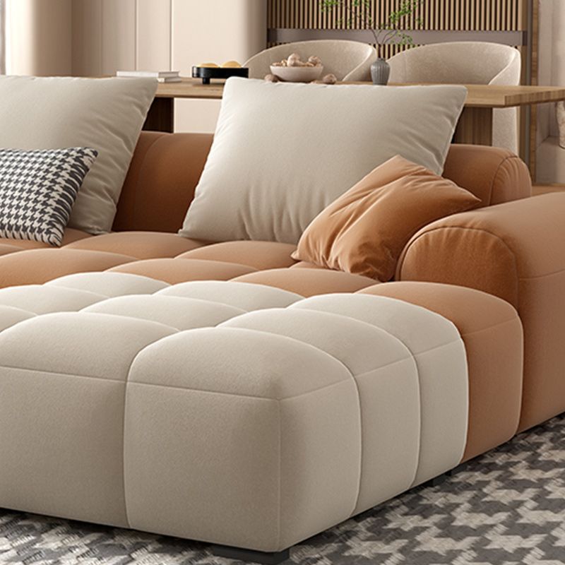 Recessed Arm Sofa Contemporary L Faux Leather Sofa with Pillows