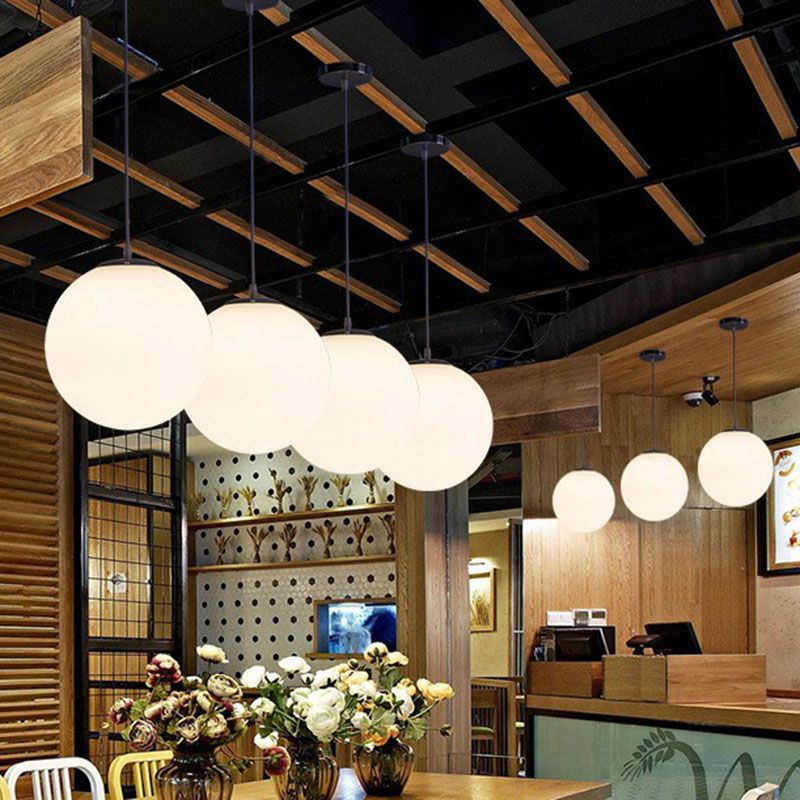 Single Restaurant Hanging Light Minimalist White Ceiling Lamp with Sphere Opal Glass Shade