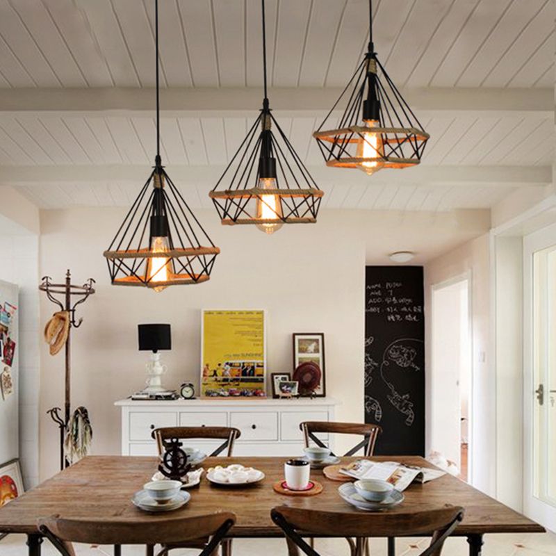 Luz de la isla de cuerda de cáñamo vintage con sombra de hierro de 3 luces restaurantes lámpara de suspensión