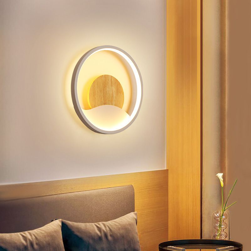 Iron and Wood Modern Wall Mount Round LED in White / Grey Wall Light