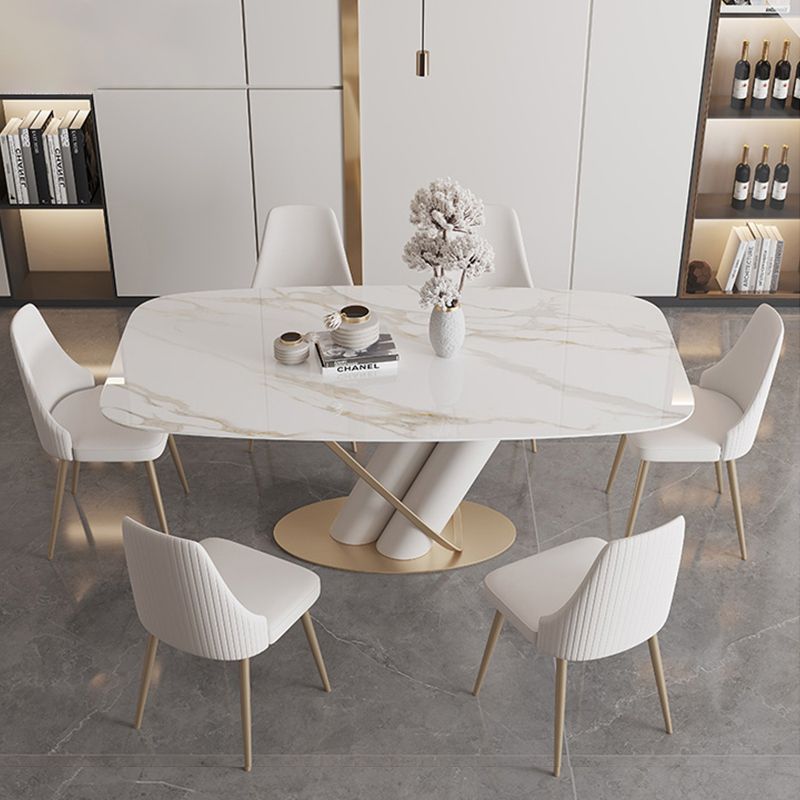 Contemporary Style Sintered Stone Dining Table with White Fixed Table and Trestle Base