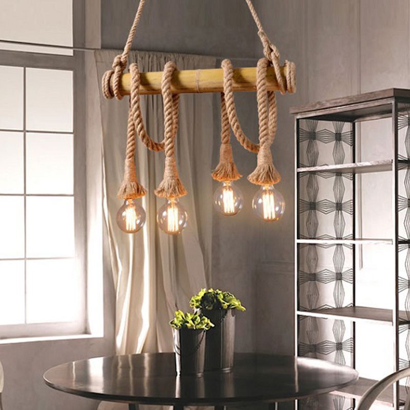 Brown Island Pendant Light Rustic Rope Open Bulb Hanging Light Kit with Bamboo Pole