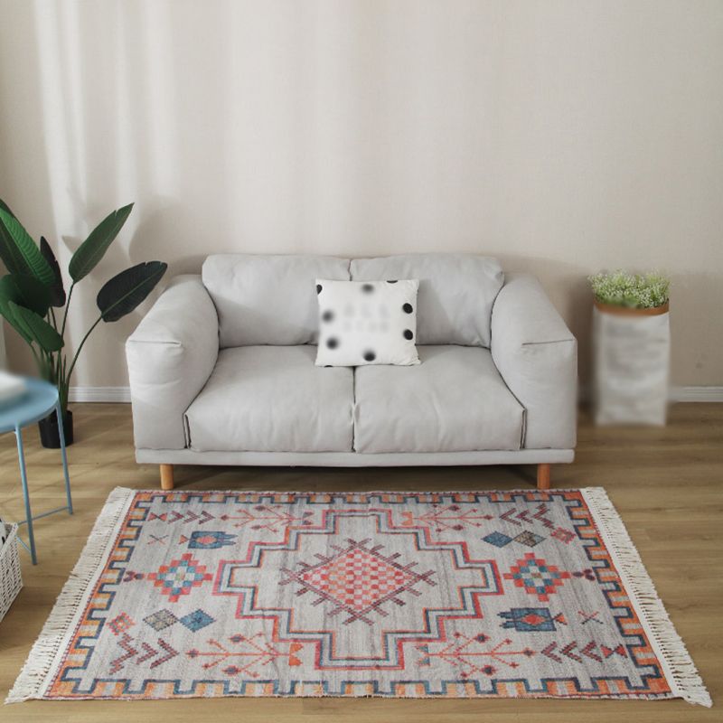 Grey Geometric Pattern Area Rug Polyester Area Carpet Fringe Easy Care Rug for Living Room