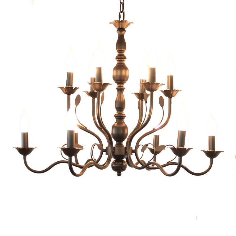 2-Layers Traditional Style Candlestick Styling Chandelier Black Wrought Iron Vintage Lighting Fixture for Living Room