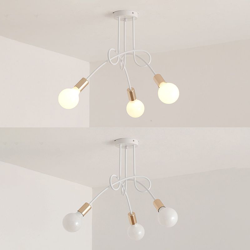 White Sputnik Exposed Bulb Flush Mount Industrial Retro Ceiling Light with Wrought Iron Stem