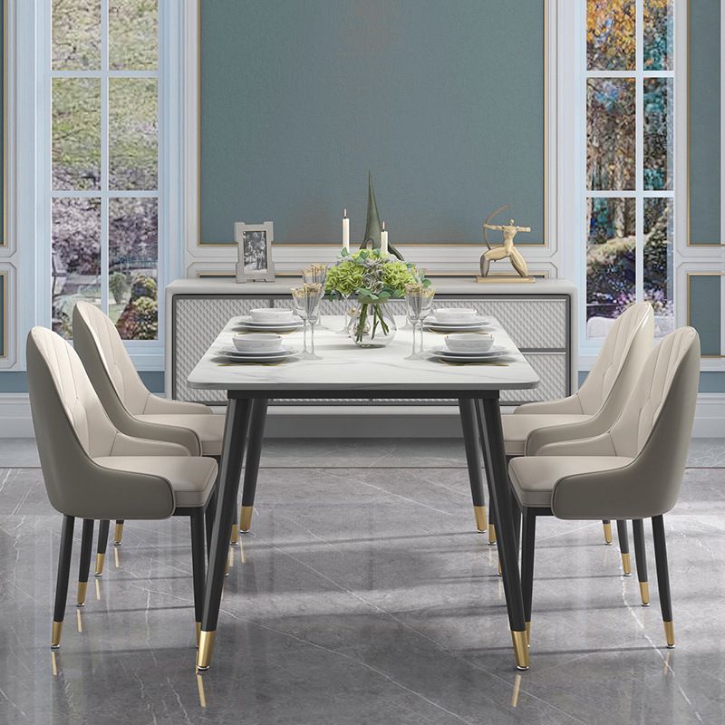 Modern Sintered Stone Table Set of 5/7 with Rectangle White Table Dining Set with PU Leather Chairs