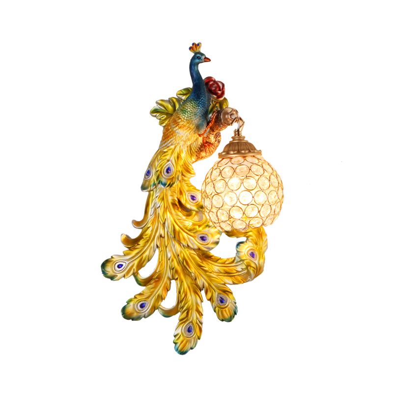 1 Light Blue/Gold Peacock Wall Lamp Country Resin 1/2-Pack Sconce Lighting with Crystal Globe Shade, Double/Right/Left