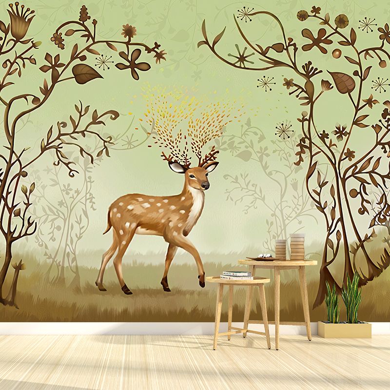 Whole Mural Wallpaper Turquoise Deer and Branch Non-Woven Wall Covering for Home Decor, Made to Measure
