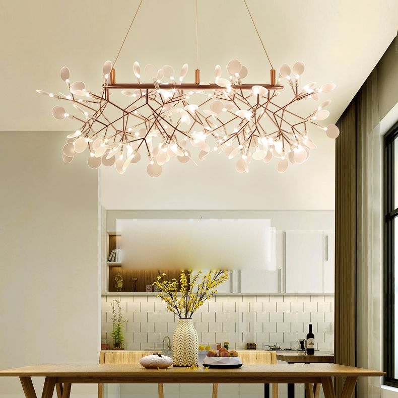 Rose Gold Contemporary Linear Pendant Lighting Fixtures Crystal Island Chandelier Light for Bedroom