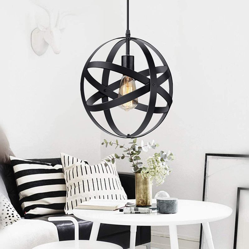 Retro Industrial Single Globe Cage Pendant Light Iron 1 Light Suspension Light for Dining Table