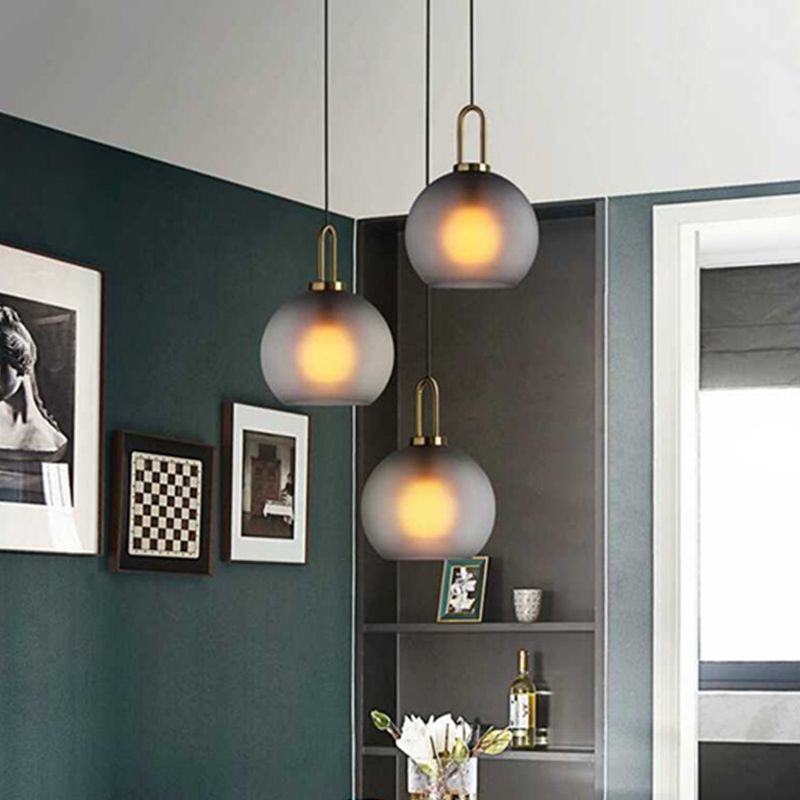 Frosted Smoky Grey Glass Sphere Pendant Modern Single-Bulb Brass Ceiling Hang Light with Handle, 8"/10"/12" Wide