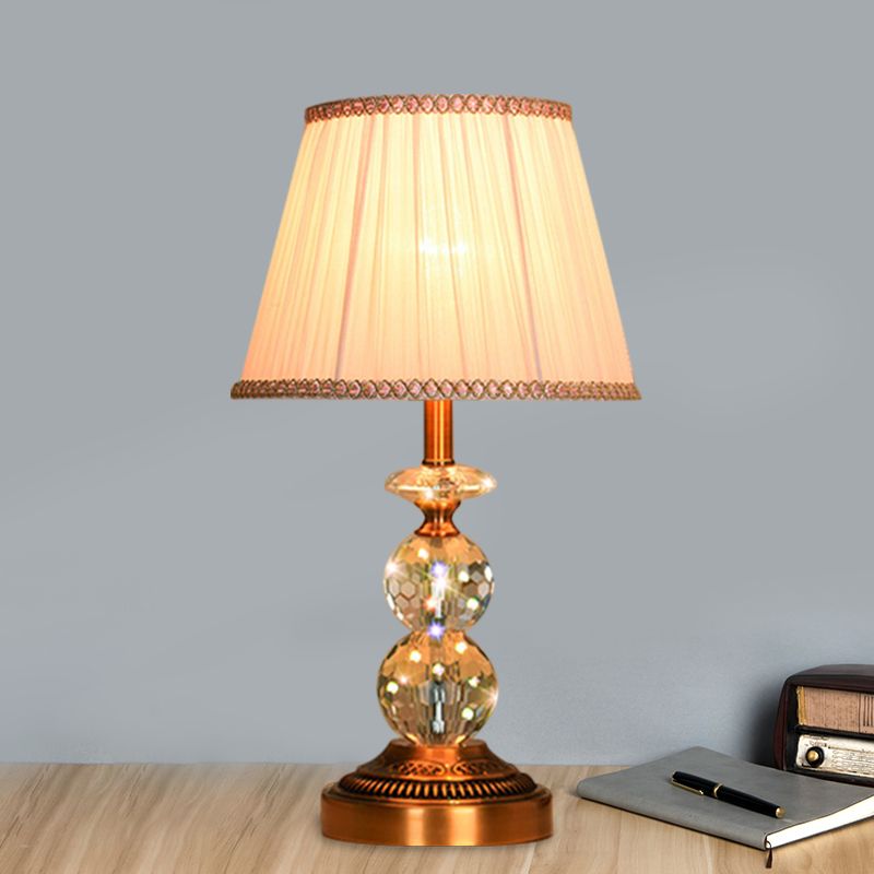 1 Bulb Pleated Fabric Night Stand Lamp Traditional Pink and White/Pink/Coffee Cylinder/Tapered Parlor Table Light with Faceted Crystal Orbs