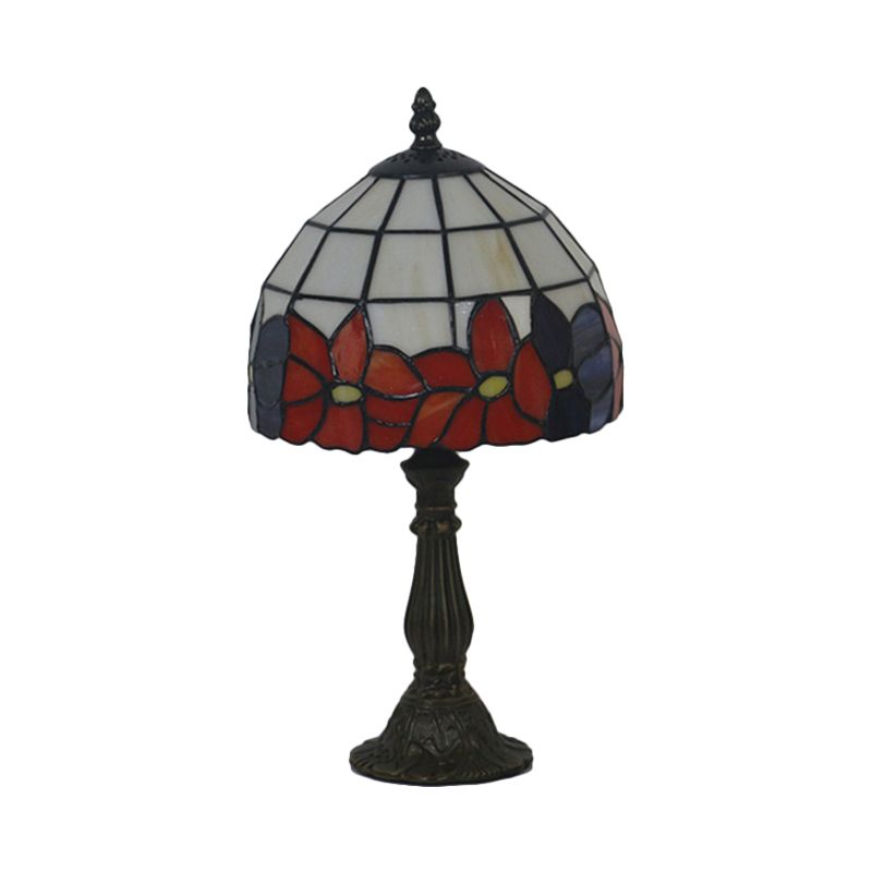 Cut Glass Red/Yellow Night Table Lighting 1 Head Mediterranean Nightstand Lamp with Floral Pattern