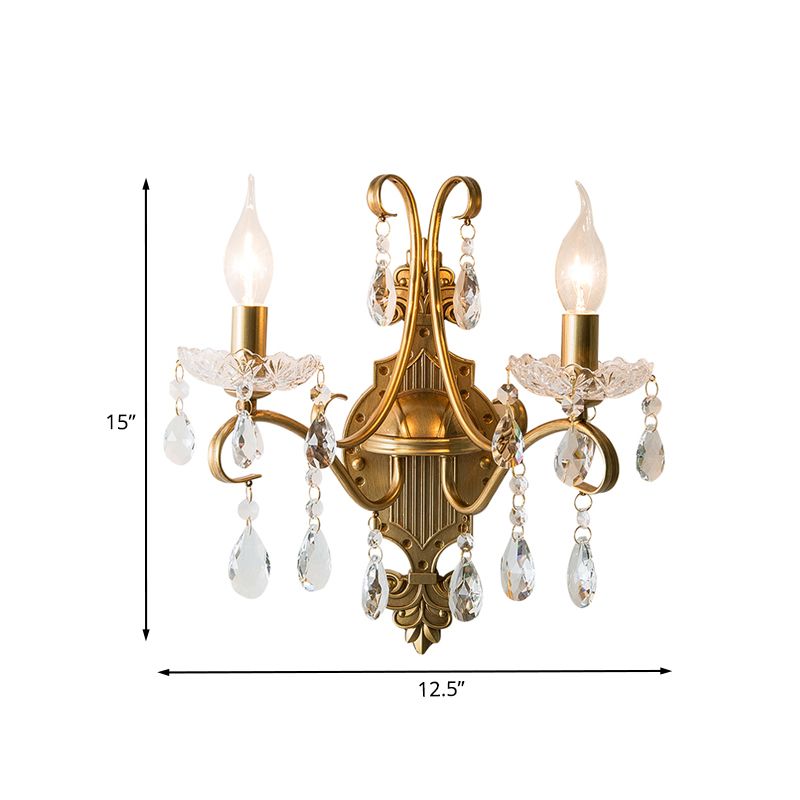2 Bulbs Wall Light Fixture Traditional Candlestick Draping Crystal Raindrop Sconce Light in Gold