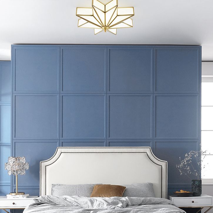 19.7 Inches Wide Octagonal Star Brass Ceiling Light White Glass Shade 4-Lights Traditional Rustic Style Flush Mount Lamp