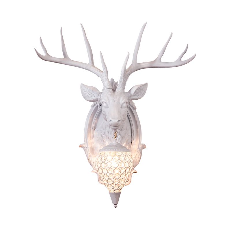 White/Beige/Yellow Deer Wall Lighting Rustic Resin 1 Light Living Room Sconce Lamp with Droplet Crystal Shade