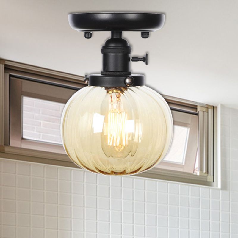 Black 1 Light Ceiling Mount Clear/Amber Glass Industrial Round/Globe Semi Flush Light for Kitchen