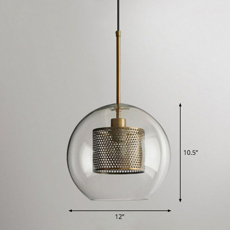 Clear Glass Sphere Suspension Lamp Modern 1 Bulb Hanging Pendant Light with Mesh Screen