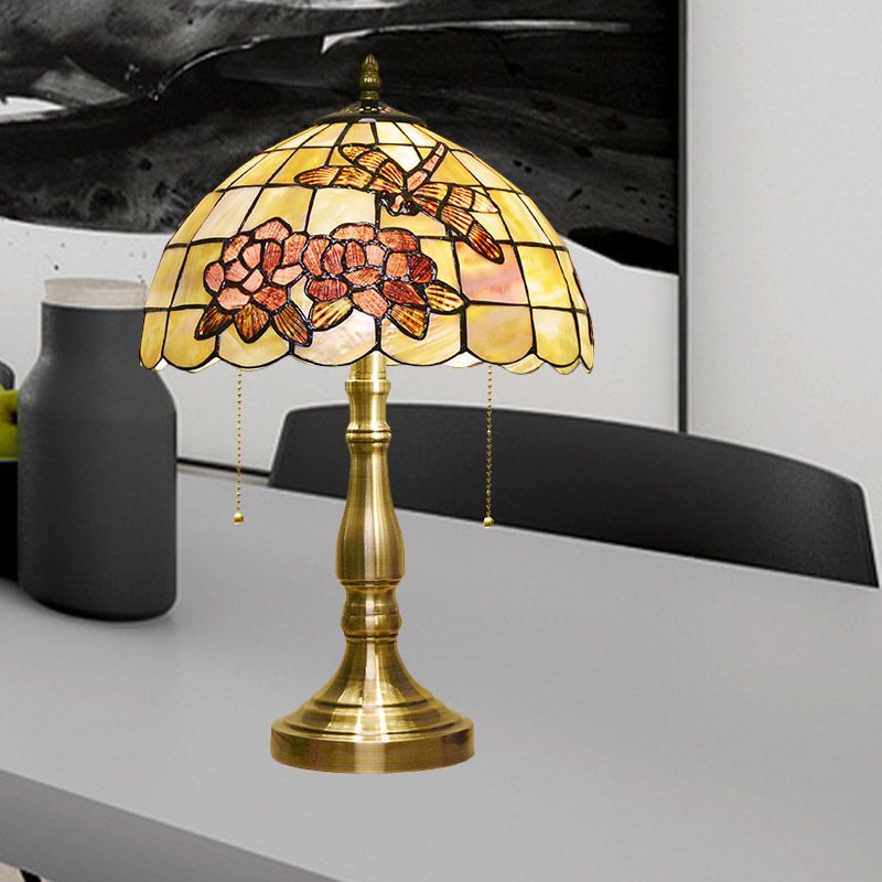 Brushed Brass 2-Bulb Nightstand Light Tiffany Shell Dragonfly on Peony Table Lamp with Pull Chain
