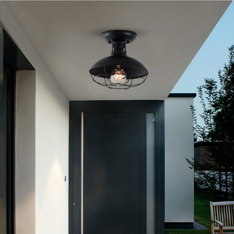 Wire Cage Ceiling Mounted Fixture Retro Style Black Metal Semi Flush Mount Light