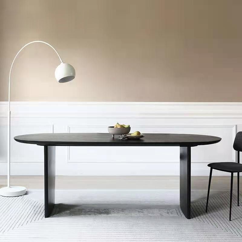 Ovaal dubbele voetstuk moderne eettafel zwarte vaste tafel met massief hout