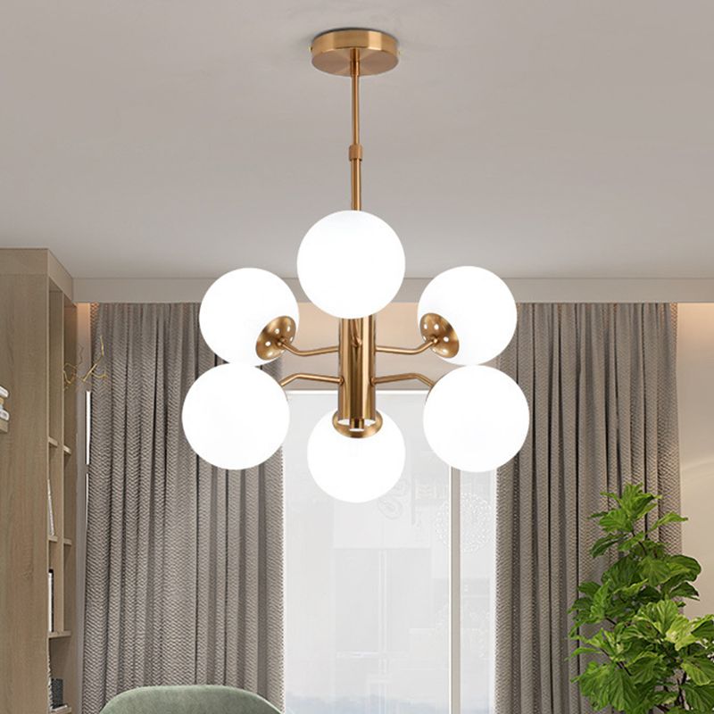 Milky Glass Ball Ceiling Chandelier Contemporary 6 Heads Suspended Lighting Fixture in Gold