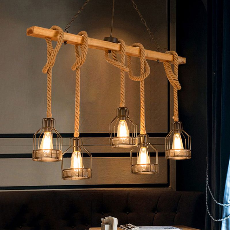 3 / 5 - Light Kitchen Island Fixture Wood and Iron Ceiling Lighting with Hemp Rope